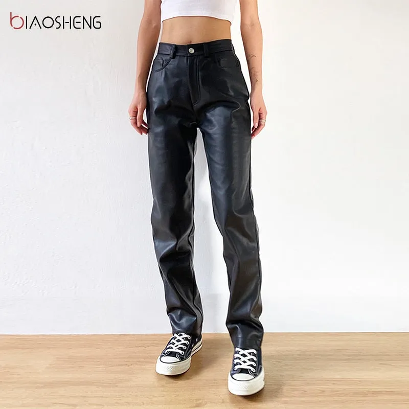 2021 Cargo Pants Women Black Faux Leather Pants High Waist Sizes S - XL