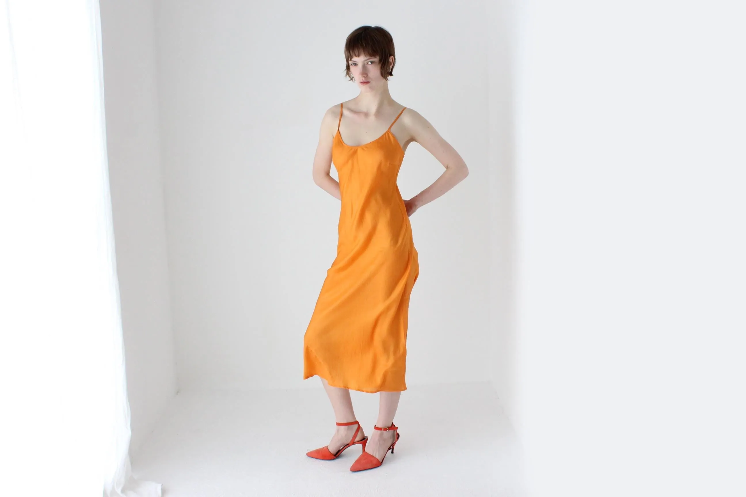 90s Pure Silk Bias Cut Spaghetti Strap Slip Dress in Mandarin