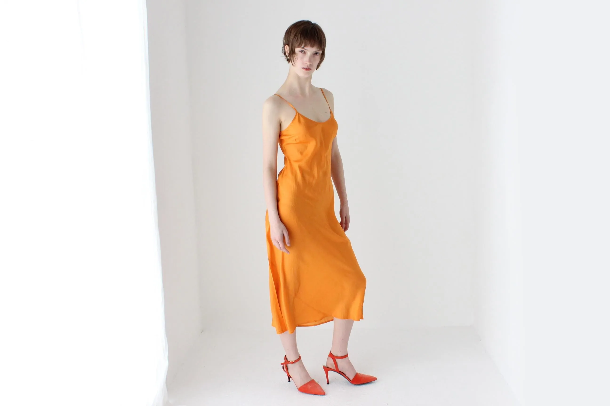 90s Pure Silk Bias Cut Spaghetti Strap Slip Dress in Mandarin