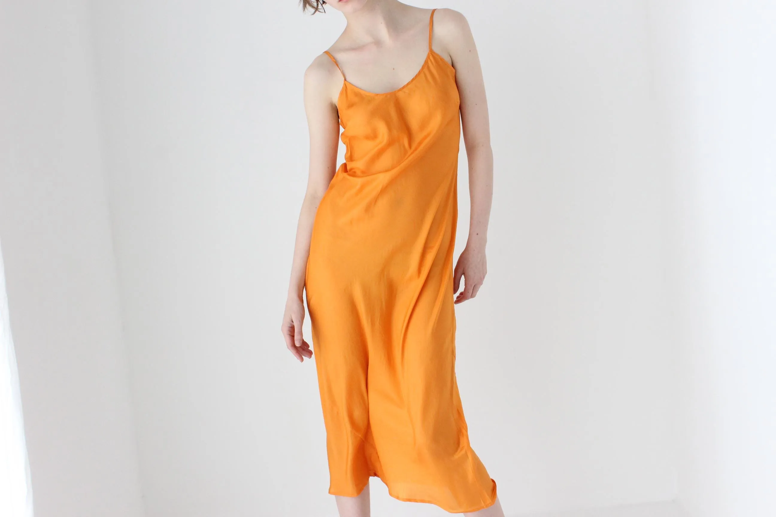 90s Pure Silk Bias Cut Spaghetti Strap Slip Dress in Mandarin