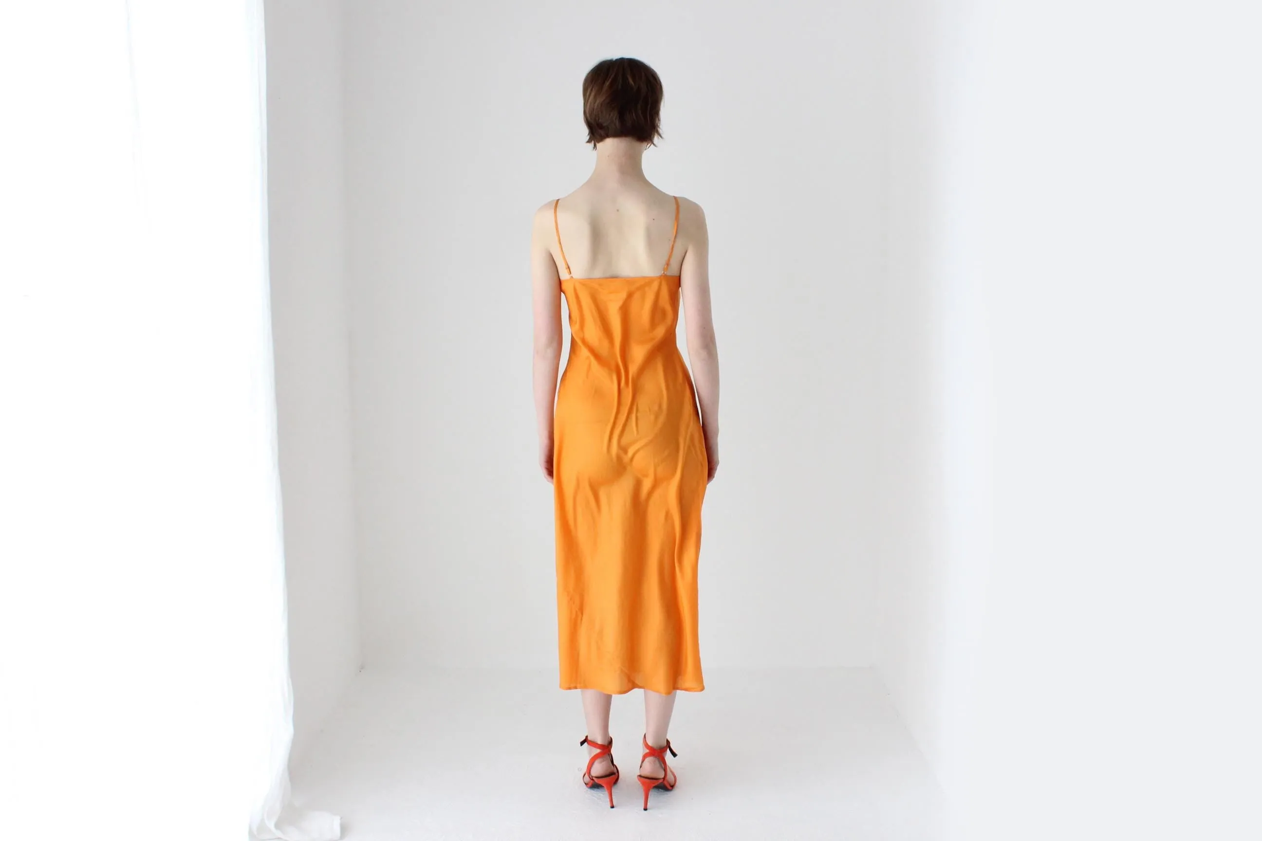 90s Pure Silk Bias Cut Spaghetti Strap Slip Dress in Mandarin