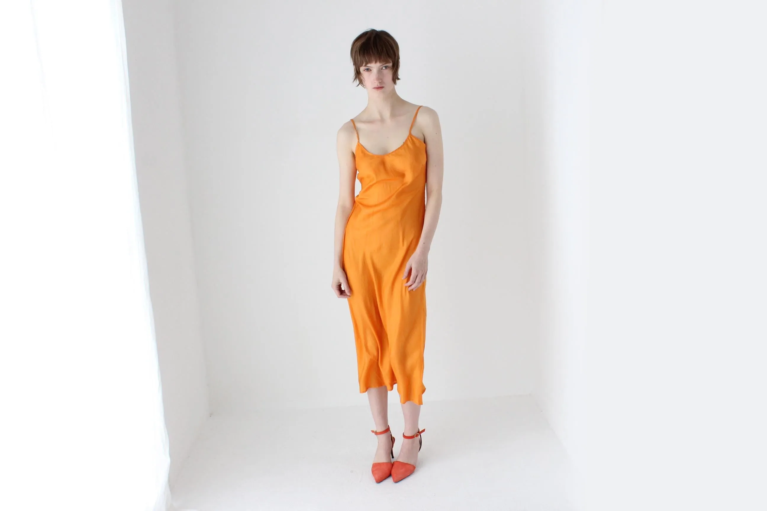 90s Pure Silk Bias Cut Spaghetti Strap Slip Dress in Mandarin