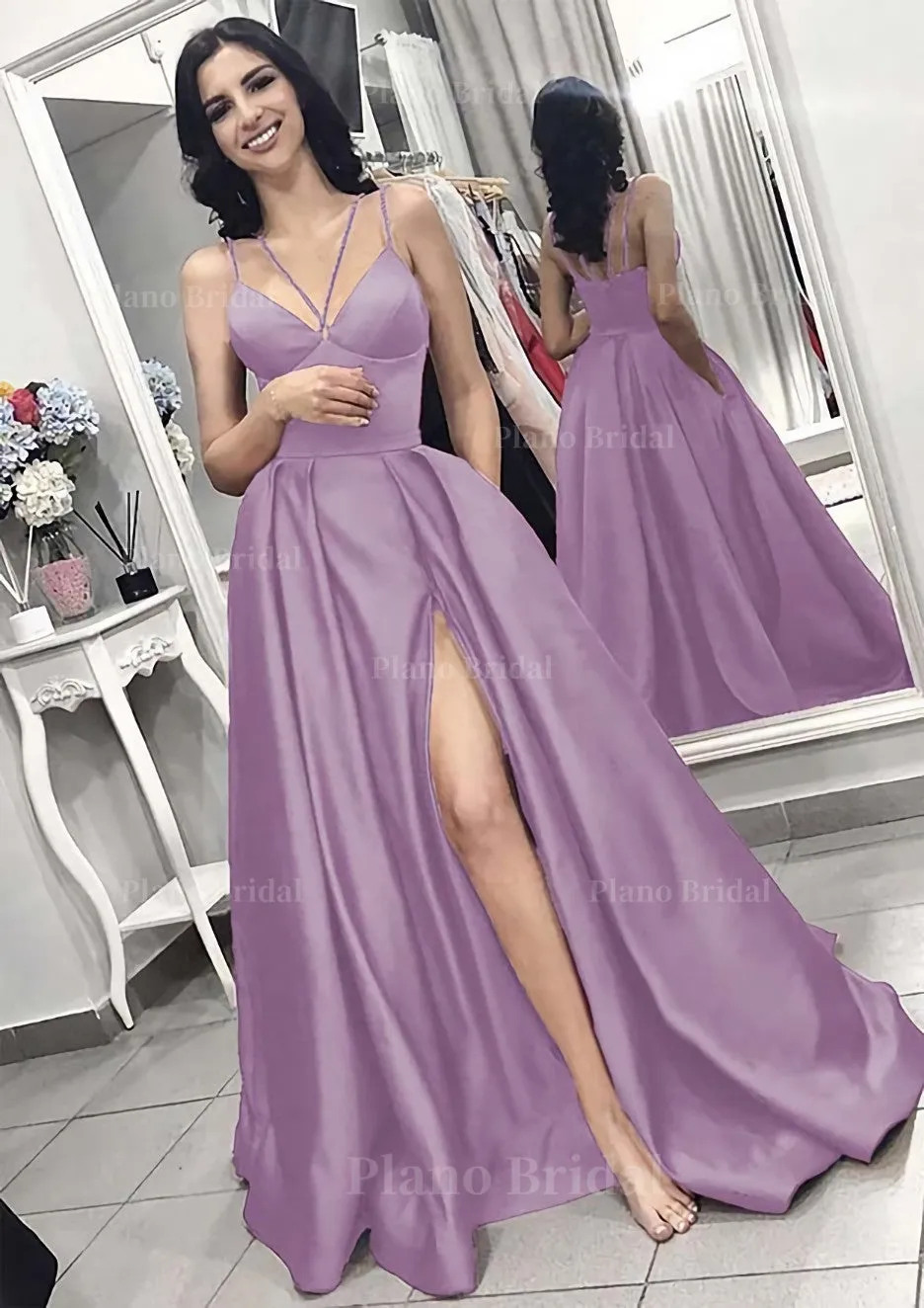 A-line/Princess V Neck Sleeveless Long/Floor-Length Elastic Satin Evening Dress With Split Pleated