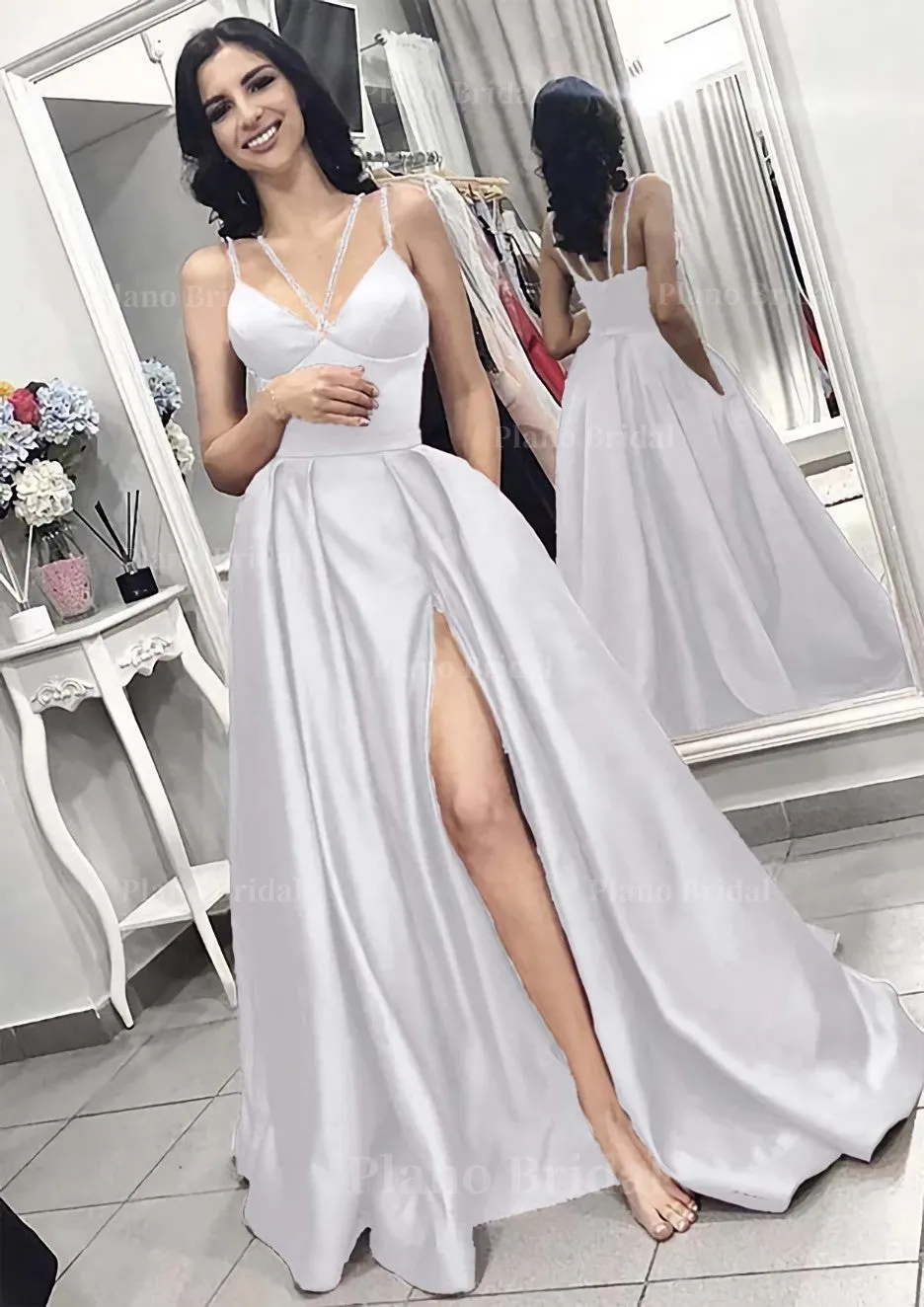 A-line/Princess V Neck Sleeveless Long/Floor-Length Elastic Satin Evening Dress With Split Pleated