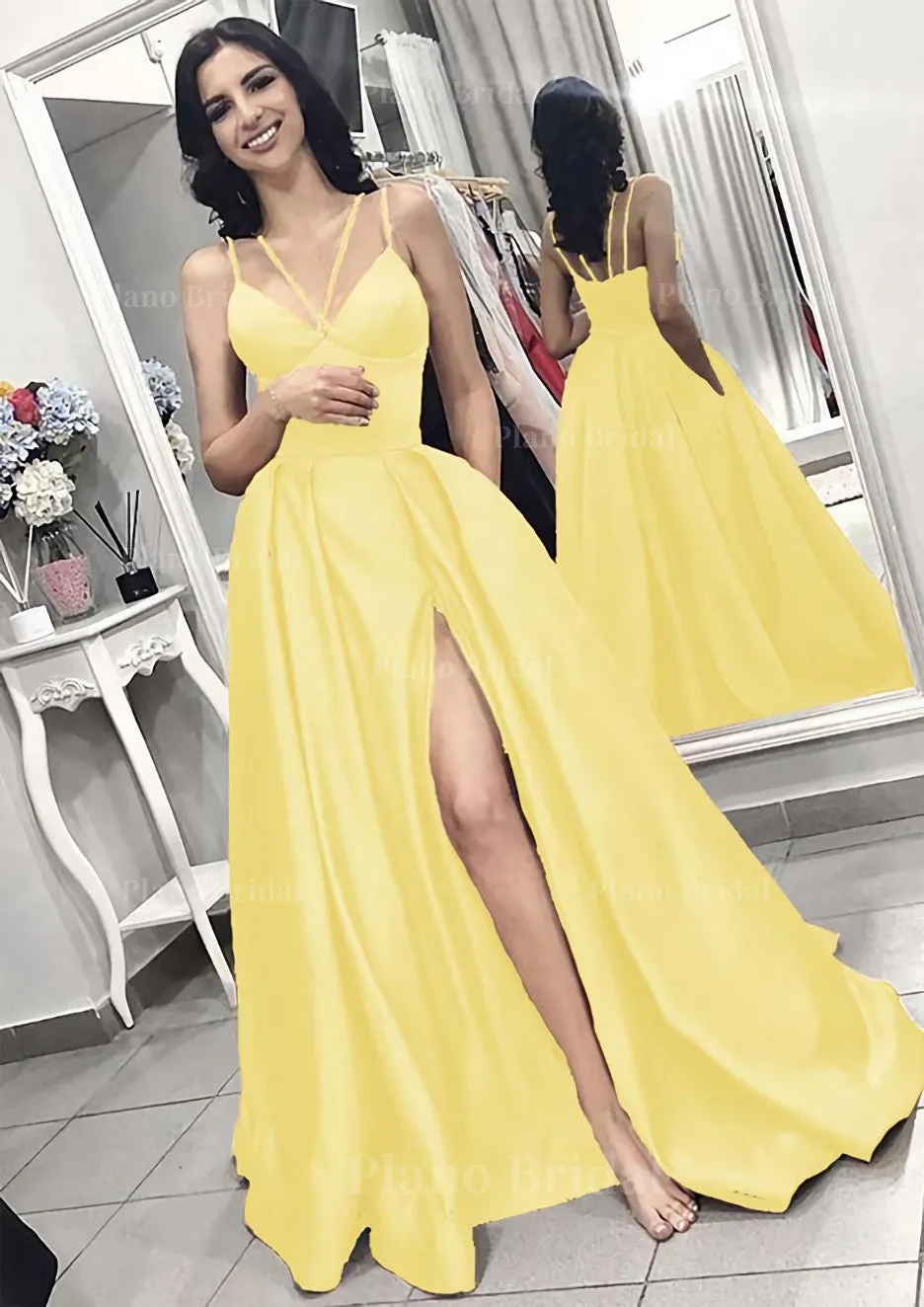 A-line/Princess V Neck Sleeveless Long/Floor-Length Elastic Satin Evening Dress With Split Pleated