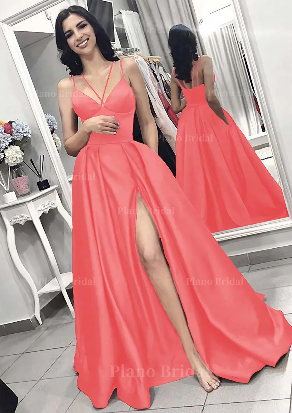 A-line/Princess V Neck Sleeveless Long/Floor-Length Elastic Satin Evening Dress With Split Pleated