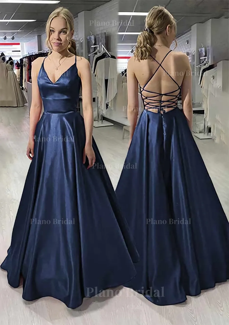 A-line/Princess V Neck Sleeveless Satin Long/Floor-Length Prom Dress