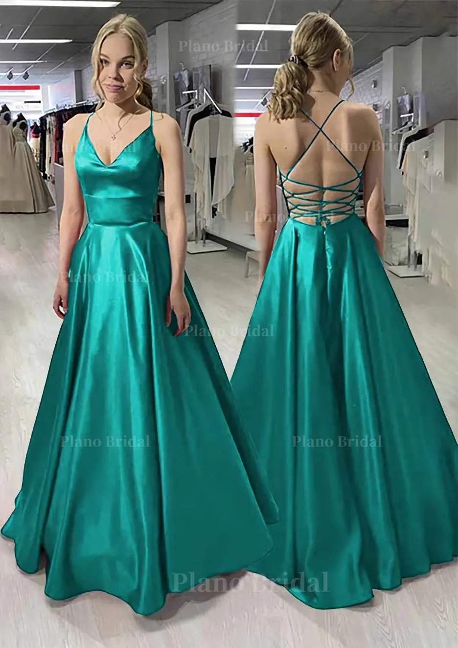 A-line/Princess V Neck Sleeveless Satin Long/Floor-Length Prom Dress