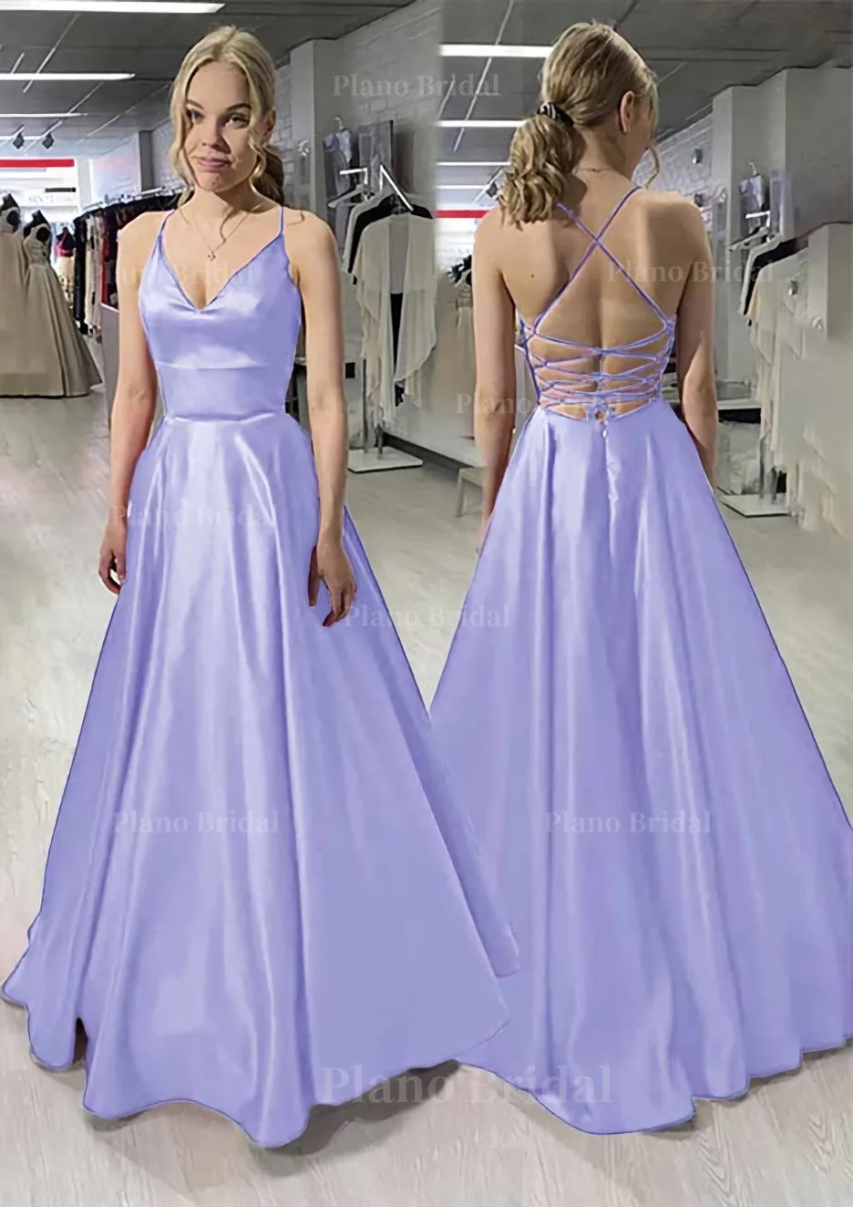 A-line/Princess V Neck Sleeveless Satin Long/Floor-Length Prom Dress