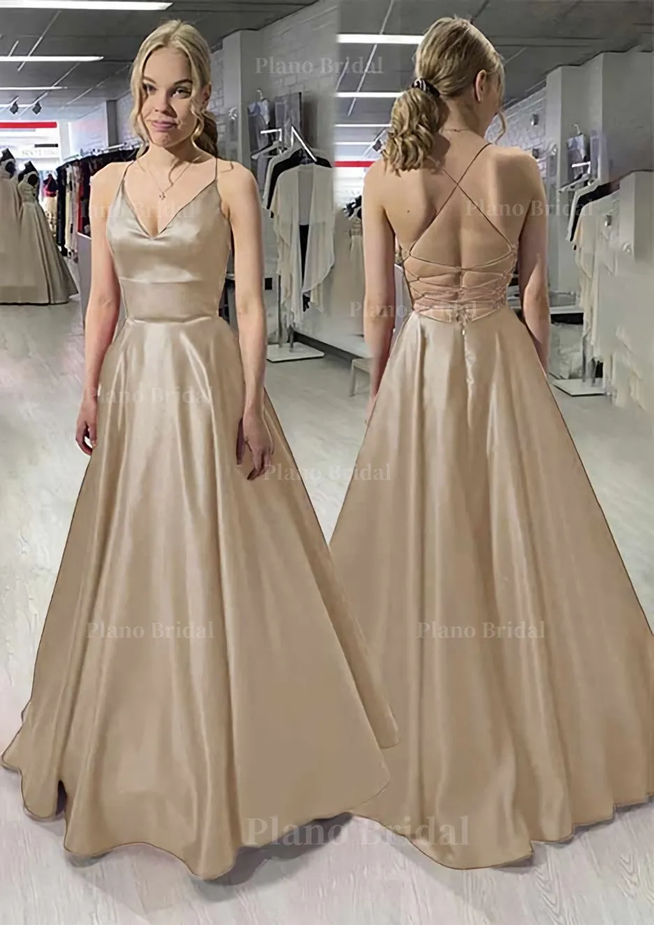 A-line/Princess V Neck Sleeveless Satin Long/Floor-Length Prom Dress