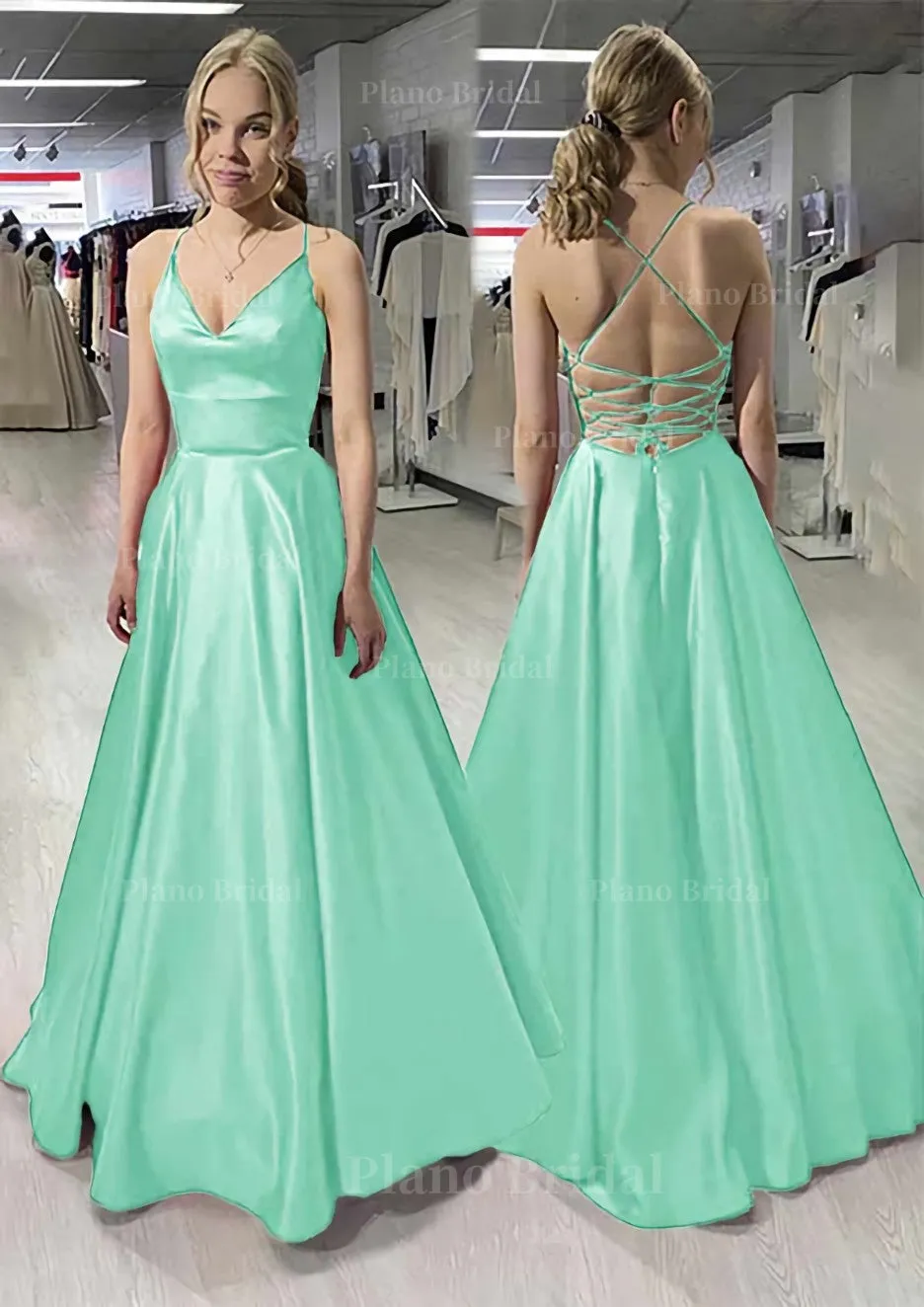 A-line/Princess V Neck Sleeveless Satin Long/Floor-Length Prom Dress