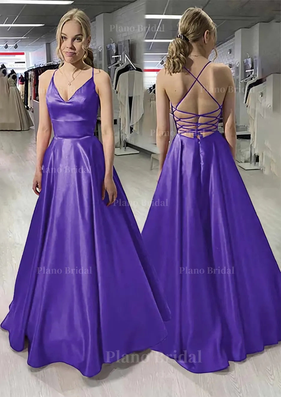 A-line/Princess V Neck Sleeveless Satin Long/Floor-Length Prom Dress