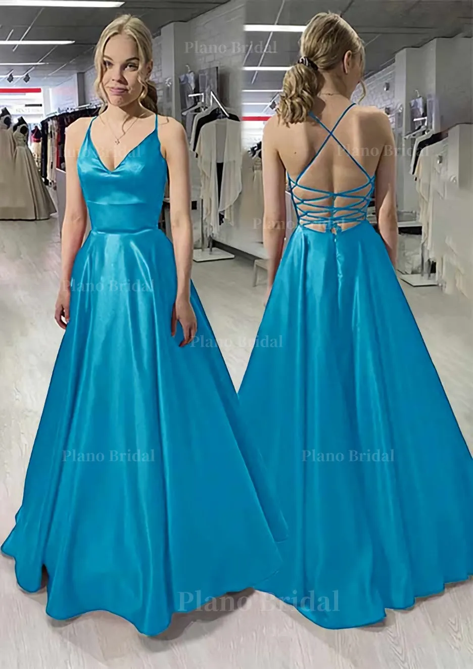 A-line/Princess V Neck Sleeveless Satin Long/Floor-Length Prom Dress