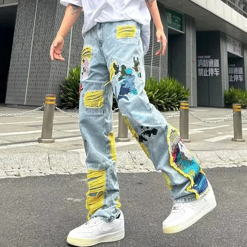 Aidase Streetwear Men Stylish Hip Hop Ripped Patch Slim Fit Jeans Pants Streetwear Casual Straight Denim Trousers