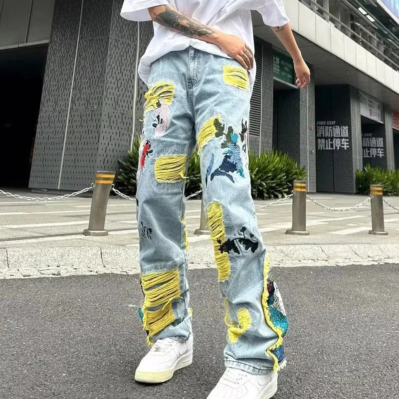 Aidase Streetwear Men Stylish Hip Hop Ripped Patch Slim Fit Jeans Pants Streetwear Casual Straight Denim Trousers