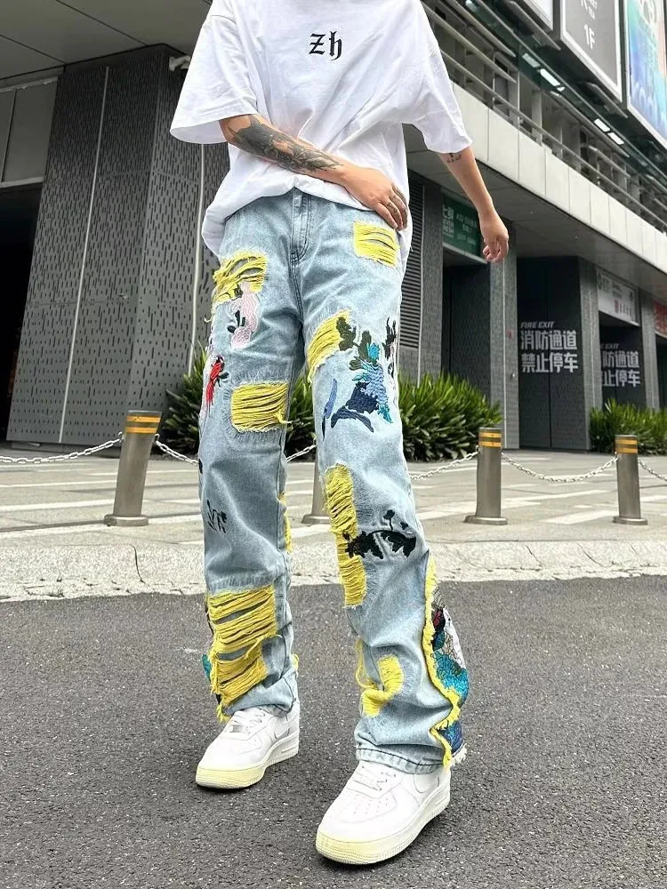 Aidase Streetwear Men Stylish Hip Hop Ripped Patch Slim Fit Jeans Pants Streetwear Casual Straight Denim Trousers