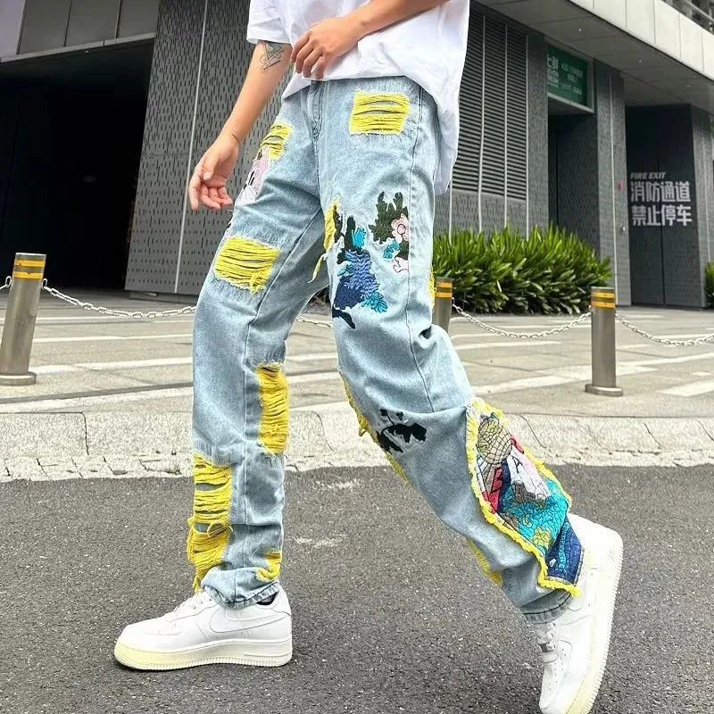 Aidase Streetwear Men Stylish Hip Hop Ripped Patch Slim Fit Jeans Pants Streetwear Casual Straight Denim Trousers