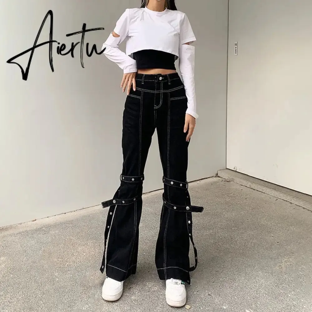 Aiertu Emo Punk Chain Pants Black Denim Woman Gothic Alt Clothes Y2k Streetwear Vintage Straight Pants Pockets High Waist Trousers