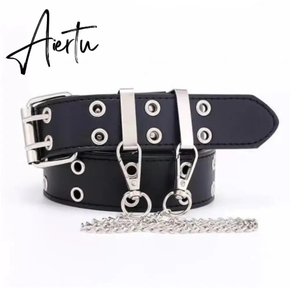 Aiertu Emo Punk Chain Pants Black Denim Woman Gothic Alt Clothes Y2k Streetwear Vintage Straight Pants Pockets High Waist Trousers