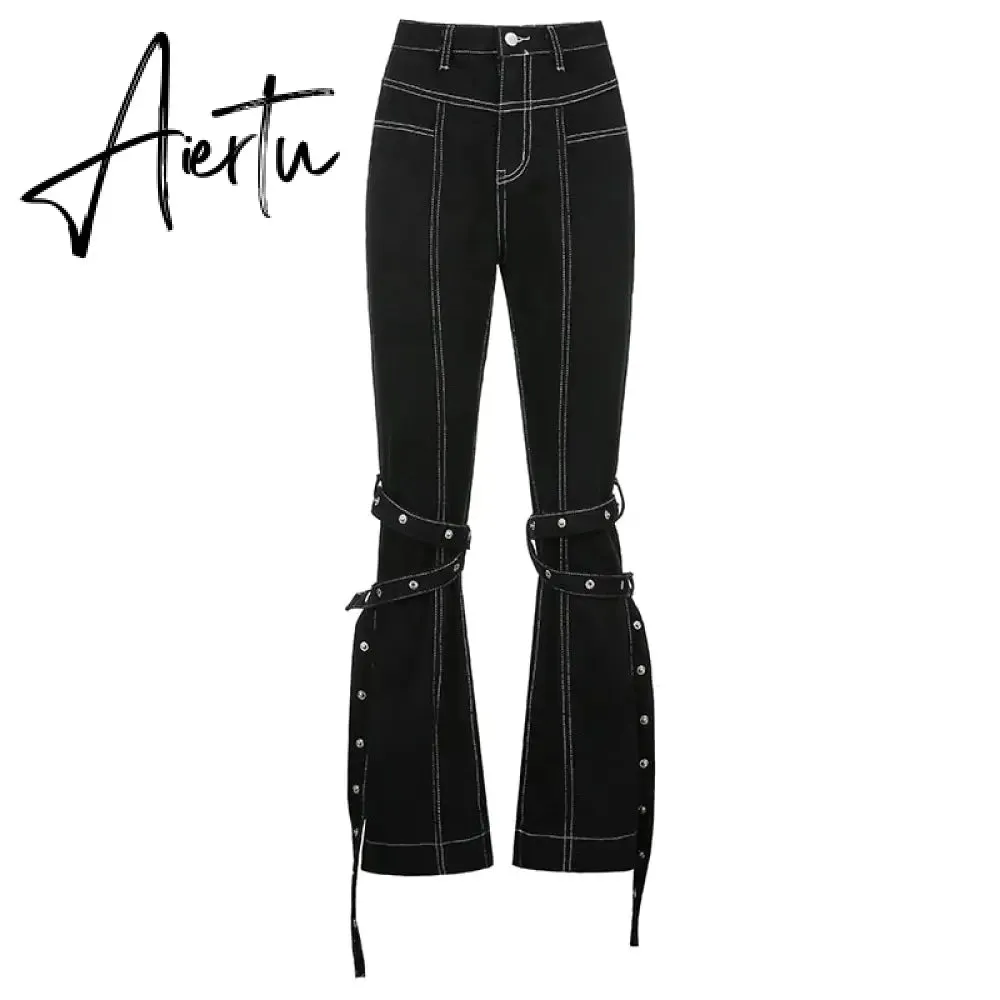 Aiertu Emo Punk Chain Pants Black Denim Woman Gothic Alt Clothes Y2k Streetwear Vintage Straight Pants Pockets High Waist Trousers