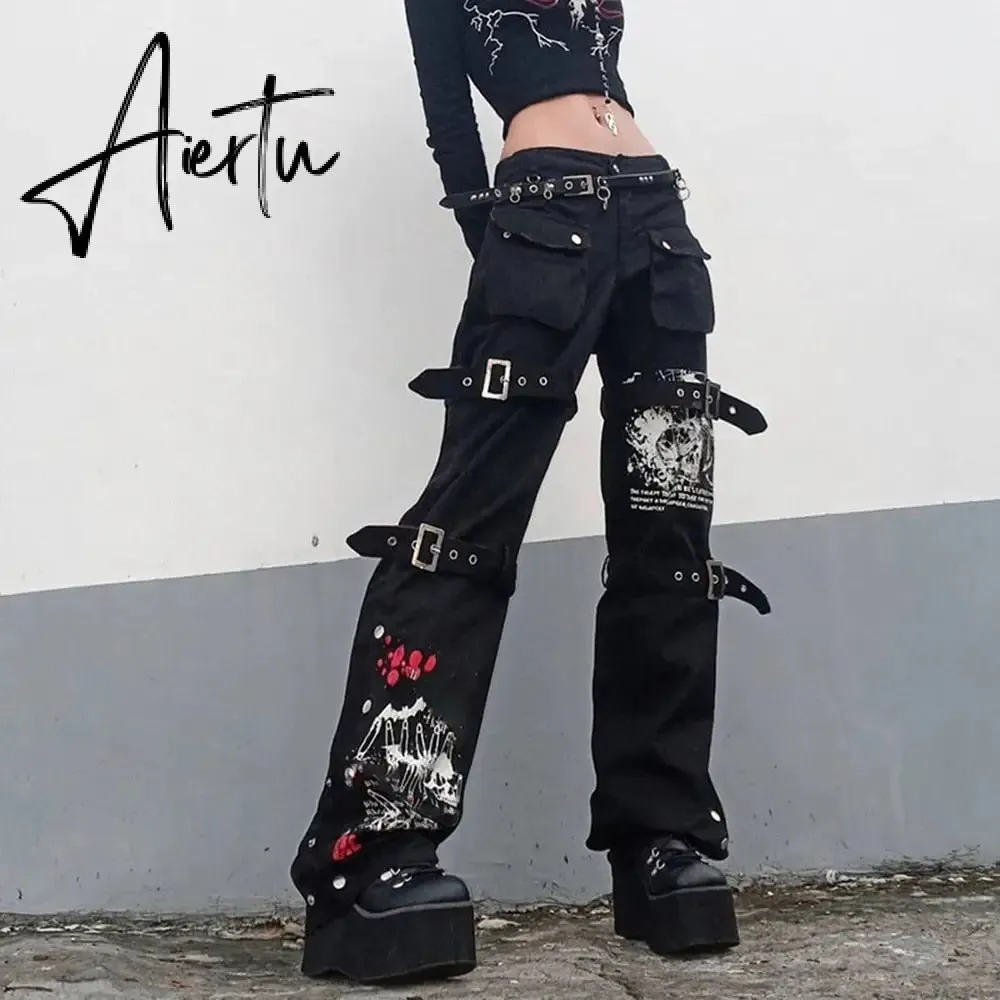 Aiertu Emo Punk Chain Pants Black Denim Woman Gothic Alt Clothes Y2k Streetwear Vintage Straight Pants Pockets High Waist Trousers