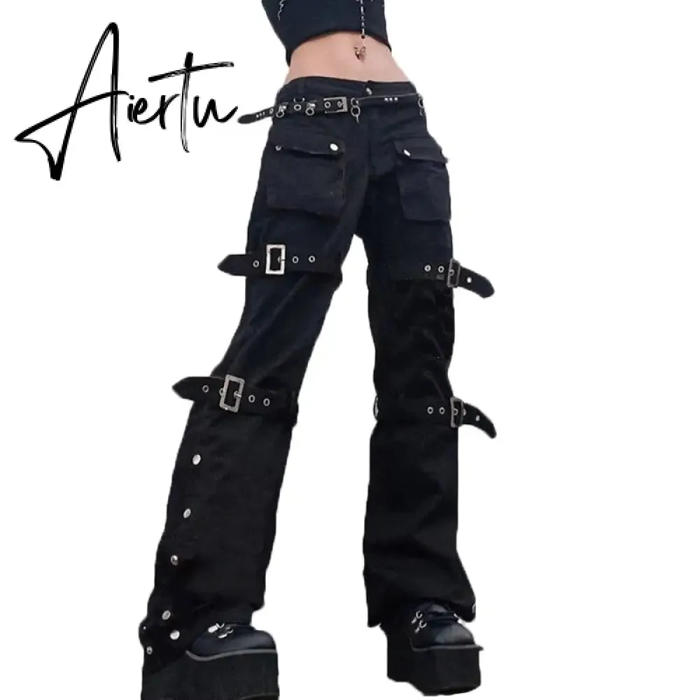 Aiertu Emo Punk Chain Pants Black Denim Woman Gothic Alt Clothes Y2k Streetwear Vintage Straight Pants Pockets High Waist Trousers