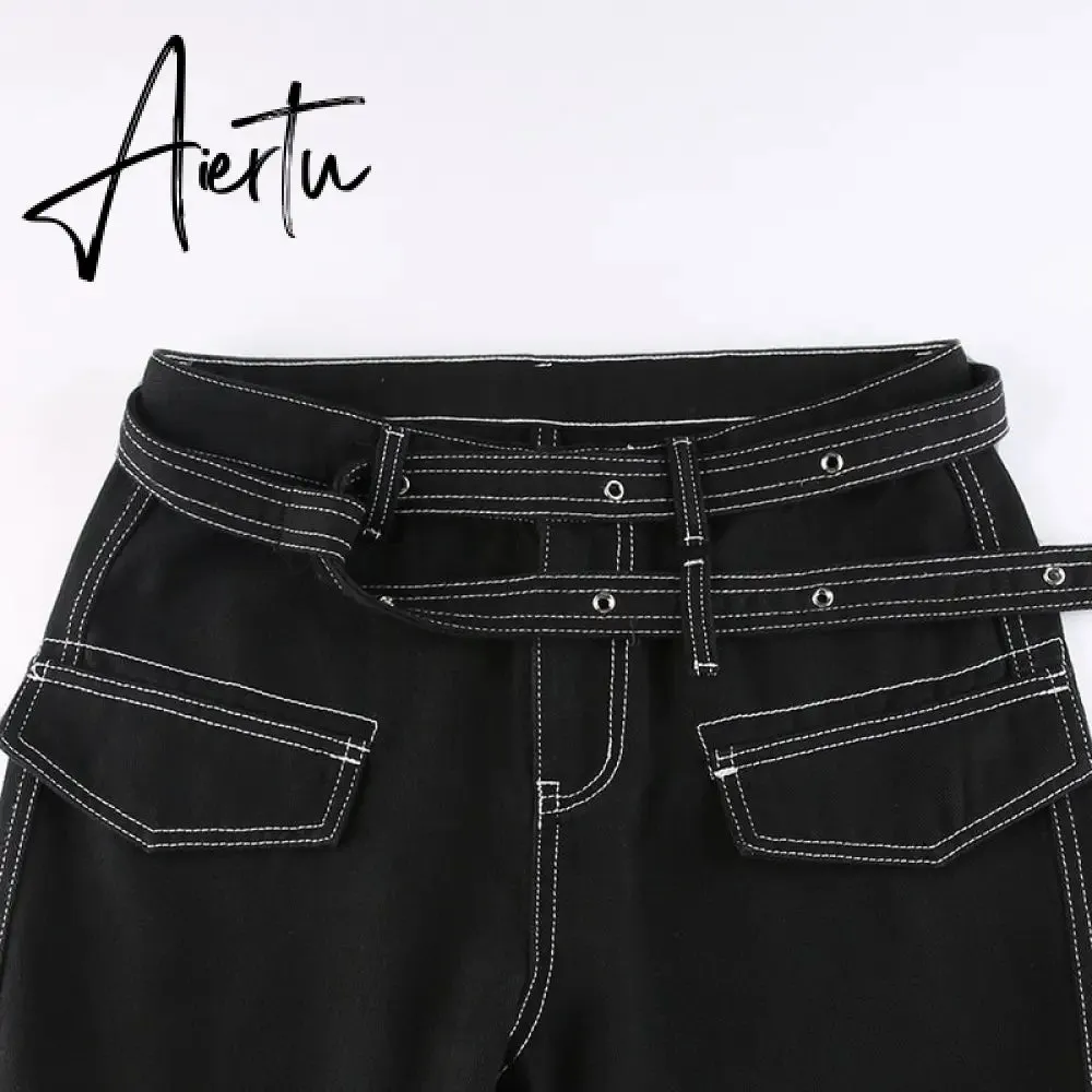 Aiertu Emo Punk Chain Pants Black Denim Woman Gothic Alt Clothes Y2k Streetwear Vintage Straight Pants Pockets High Waist Trousers