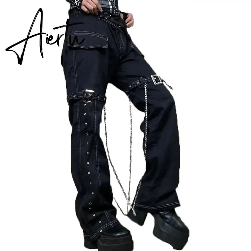 Aiertu Emo Punk Chain Pants Black Denim Woman Gothic Alt Clothes Y2k Streetwear Vintage Straight Pants Pockets High Waist Trousers