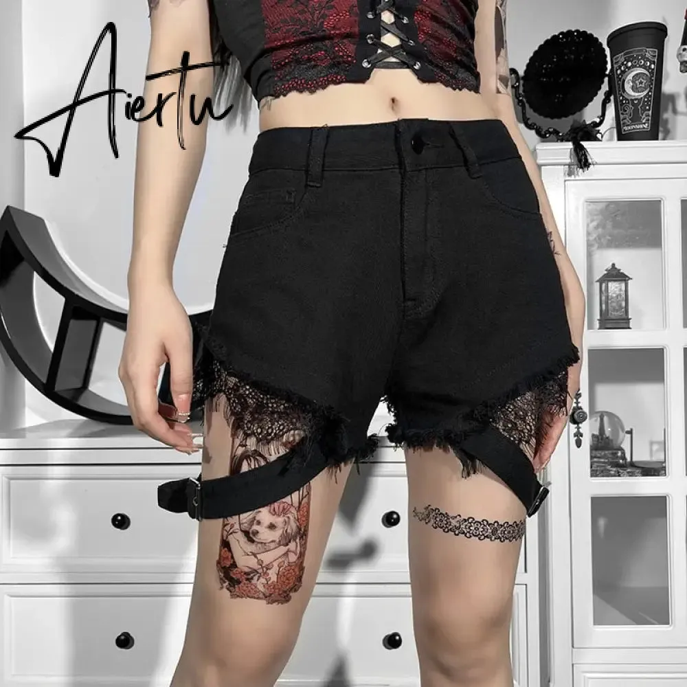 Aiertu Emo Punk Chain Pants Black Denim Woman Gothic Alt Clothes Y2k Streetwear Vintage Straight Pants Pockets High Waist Trousers