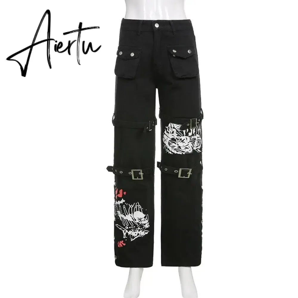 Aiertu Emo Punk Chain Pants Black Denim Woman Gothic Alt Clothes Y2k Streetwear Vintage Straight Pants Pockets High Waist Trousers