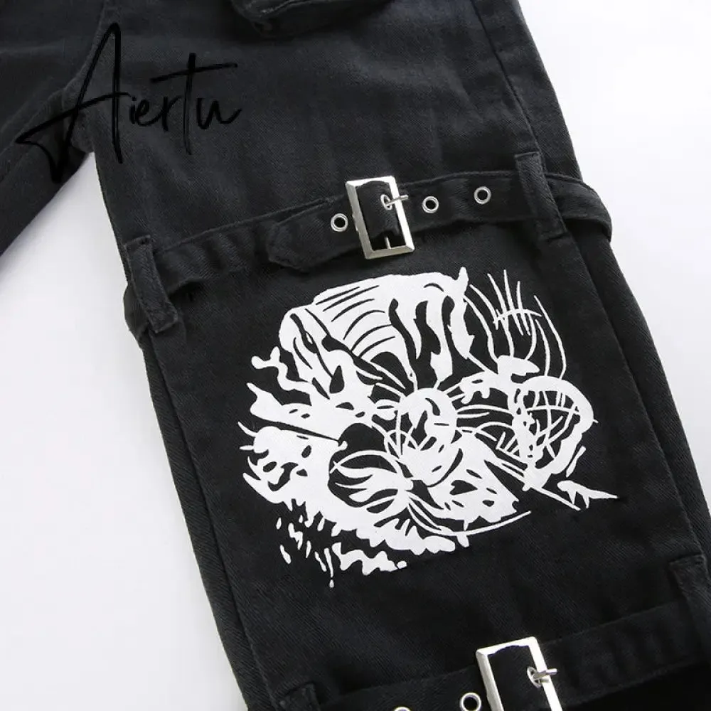 Aiertu Emo Punk Chain Pants Black Denim Woman Gothic Alt Clothes Y2k Streetwear Vintage Straight Pants Pockets High Waist Trousers