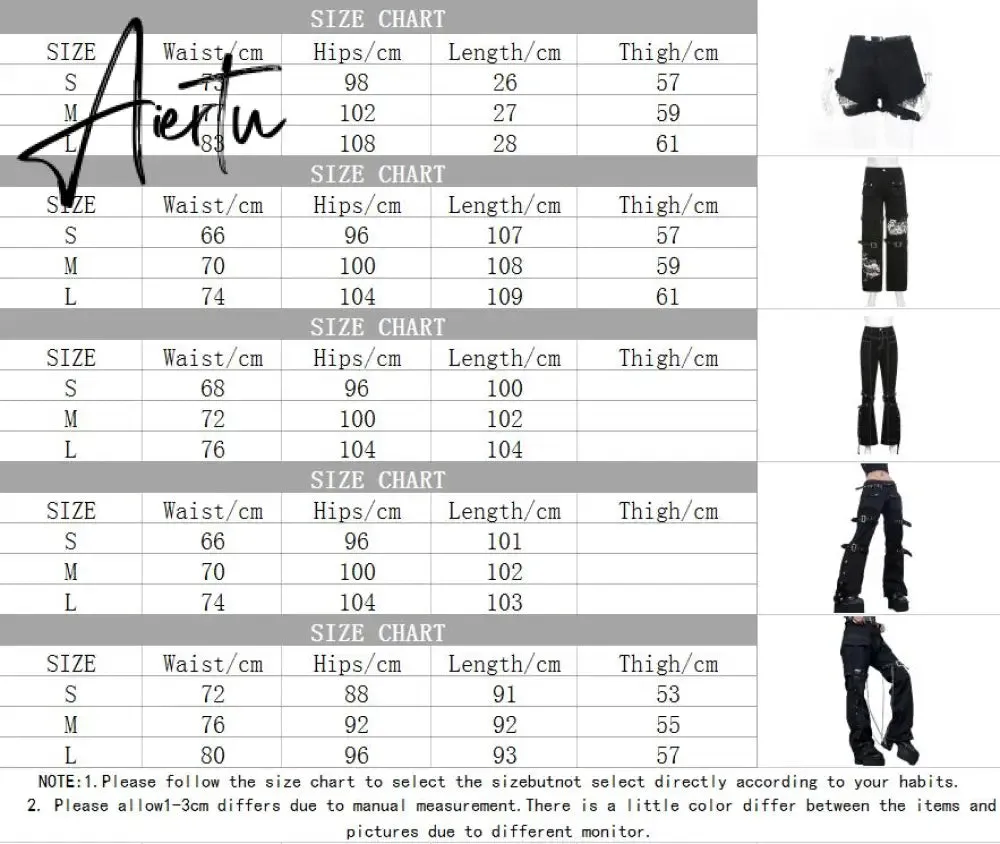 Aiertu Emo Punk Chain Pants Black Denim Woman Gothic Alt Clothes Y2k Streetwear Vintage Straight Pants Pockets High Waist Trousers