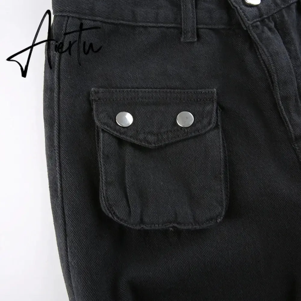 Aiertu Emo Punk Chain Pants Black Denim Woman Gothic Alt Clothes Y2k Streetwear Vintage Straight Pants Pockets High Waist Trousers