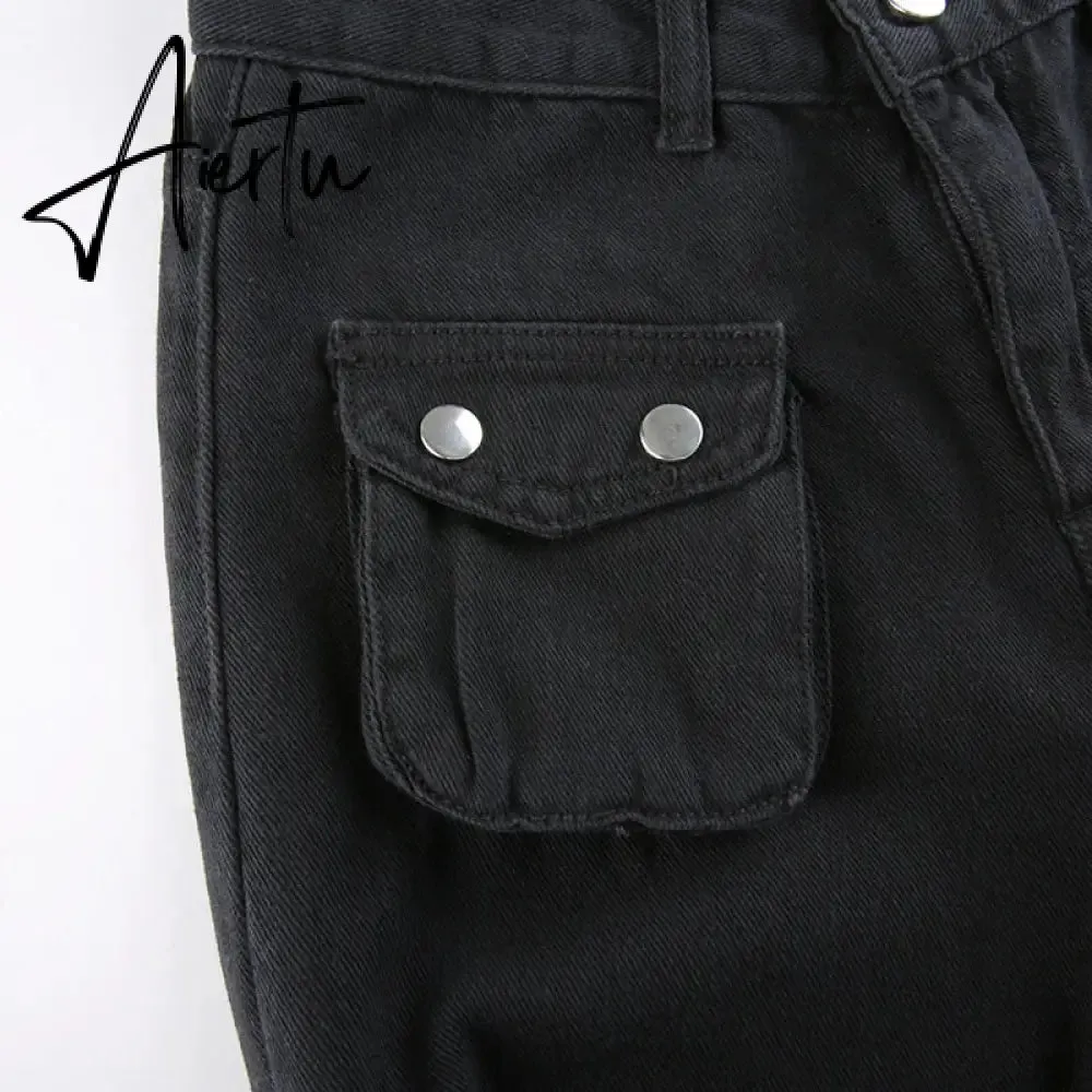 Aiertu Emo Punk Chain Pants Black Denim Woman Gothic Alt Clothes Y2k Streetwear Vintage Straight Pants Pockets High Waist Trousers