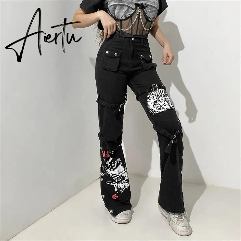 Aiertu Emo Punk Chain Pants Black Denim Woman Gothic Alt Clothes Y2k Streetwear Vintage Straight Pants Pockets High Waist Trousers