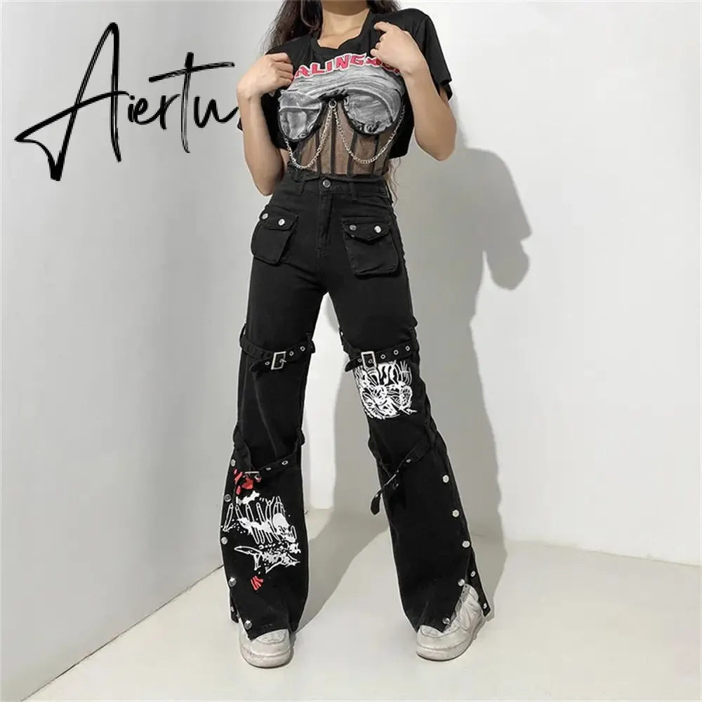 Aiertu Emo Punk Chain Pants Black Denim Woman Gothic Alt Clothes Y2k Streetwear Vintage Straight Pants Pockets High Waist Trousers