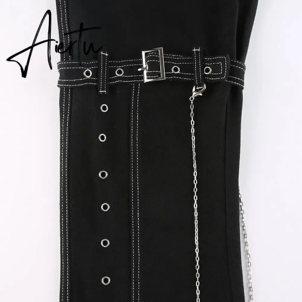 Aiertu Emo Punk Chain Pants Black Denim Woman Gothic Alt Clothes Y2k Streetwear Vintage Straight Pants Pockets High Waist Trousers