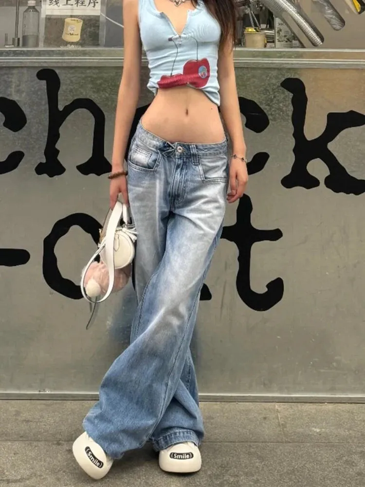 Aiertu Women American Vintage Y2k Japanese Harajuku Streetwear Baggy Low Rise Denim Pants Long Trousers 2000s Aesthetic Jean Kpop Punk