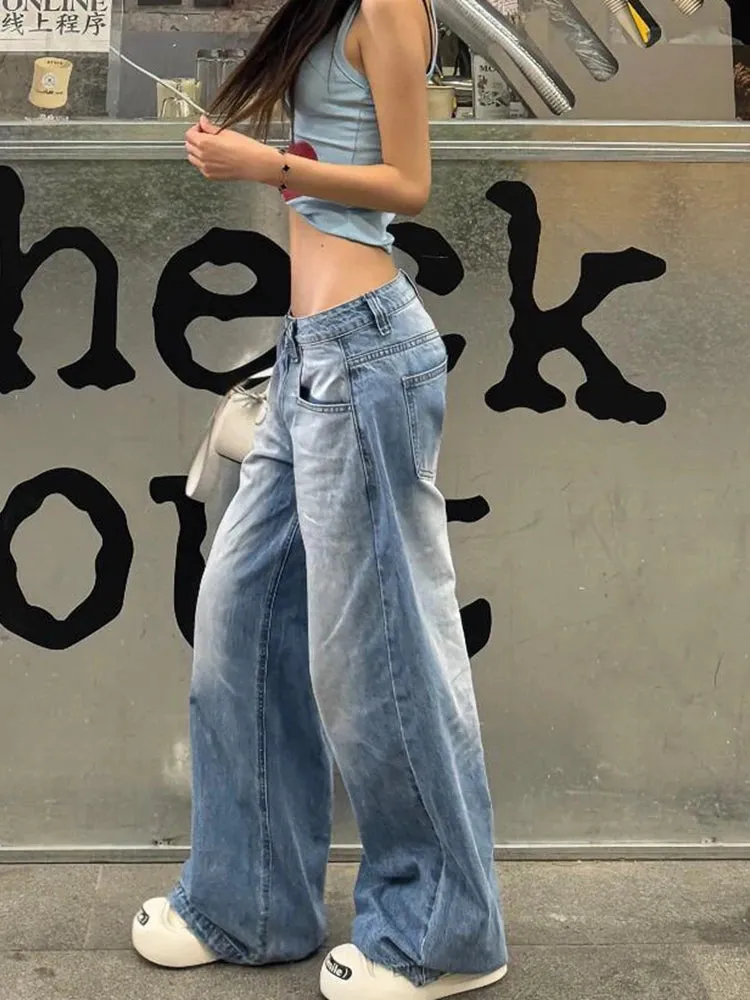 Aiertu Women American Vintage Y2k Japanese Harajuku Streetwear Baggy Low Rise Denim Pants Long Trousers 2000s Aesthetic Jean Kpop Punk