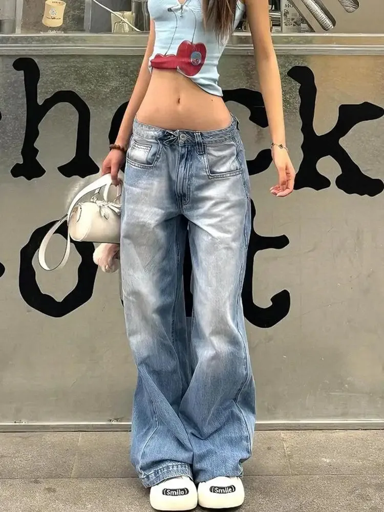 Aiertu Women American Vintage Y2k Japanese Harajuku Streetwear Baggy Low Rise Denim Pants Long Trousers 2000s Aesthetic Jean Kpop Punk