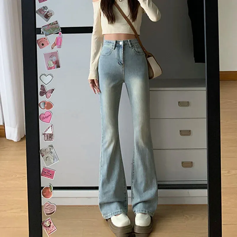 Aiertu Women Flare Stretch Moustache Jeans Fashion Skinny Bell Bottom High Waist Gray Denim Pants Lady Classic Y2K Punk Long Trousers