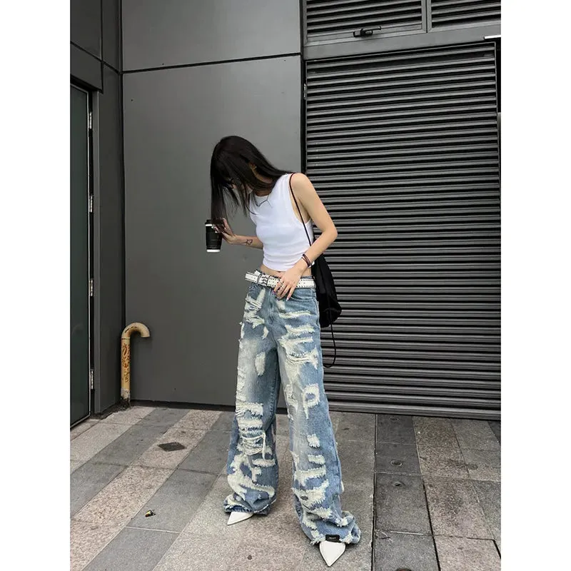 Aiertu Women's Vintage Blue Ripped Jeans Baggy Denim Trousers 2000s High Waist Korean Y2k Streetwear Female Punk Wide Leg Pants Clothes