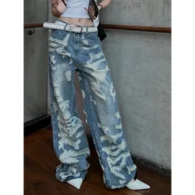 Aiertu Women's Vintage Blue Ripped Jeans Baggy Denim Trousers 2000s High Waist Korean Y2k Streetwear Female Punk Wide Leg Pants Clothes