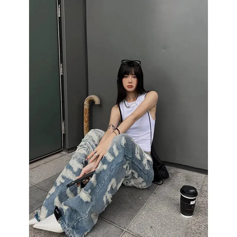 Aiertu Women's Vintage Blue Ripped Jeans Baggy Denim Trousers 2000s High Waist Korean Y2k Streetwear Female Punk Wide Leg Pants Clothes