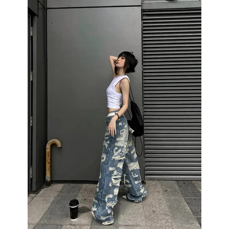 Aiertu Women's Vintage Blue Ripped Jeans Baggy Denim Trousers 2000s High Waist Korean Y2k Streetwear Female Punk Wide Leg Pants Clothes