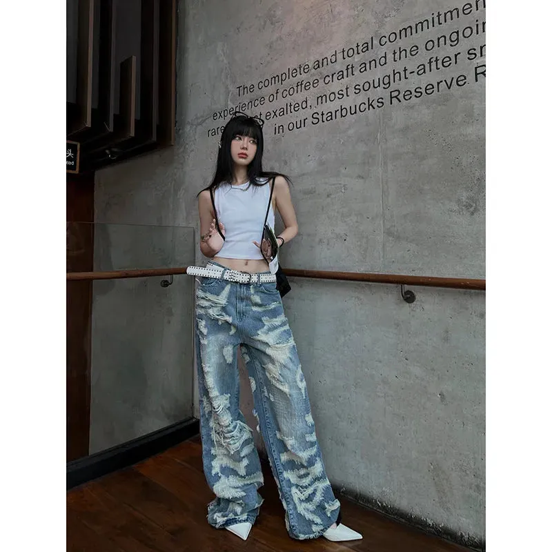 Aiertu Women's Vintage Blue Ripped Jeans Baggy Denim Trousers 2000s High Waist Korean Y2k Streetwear Female Punk Wide Leg Pants Clothes