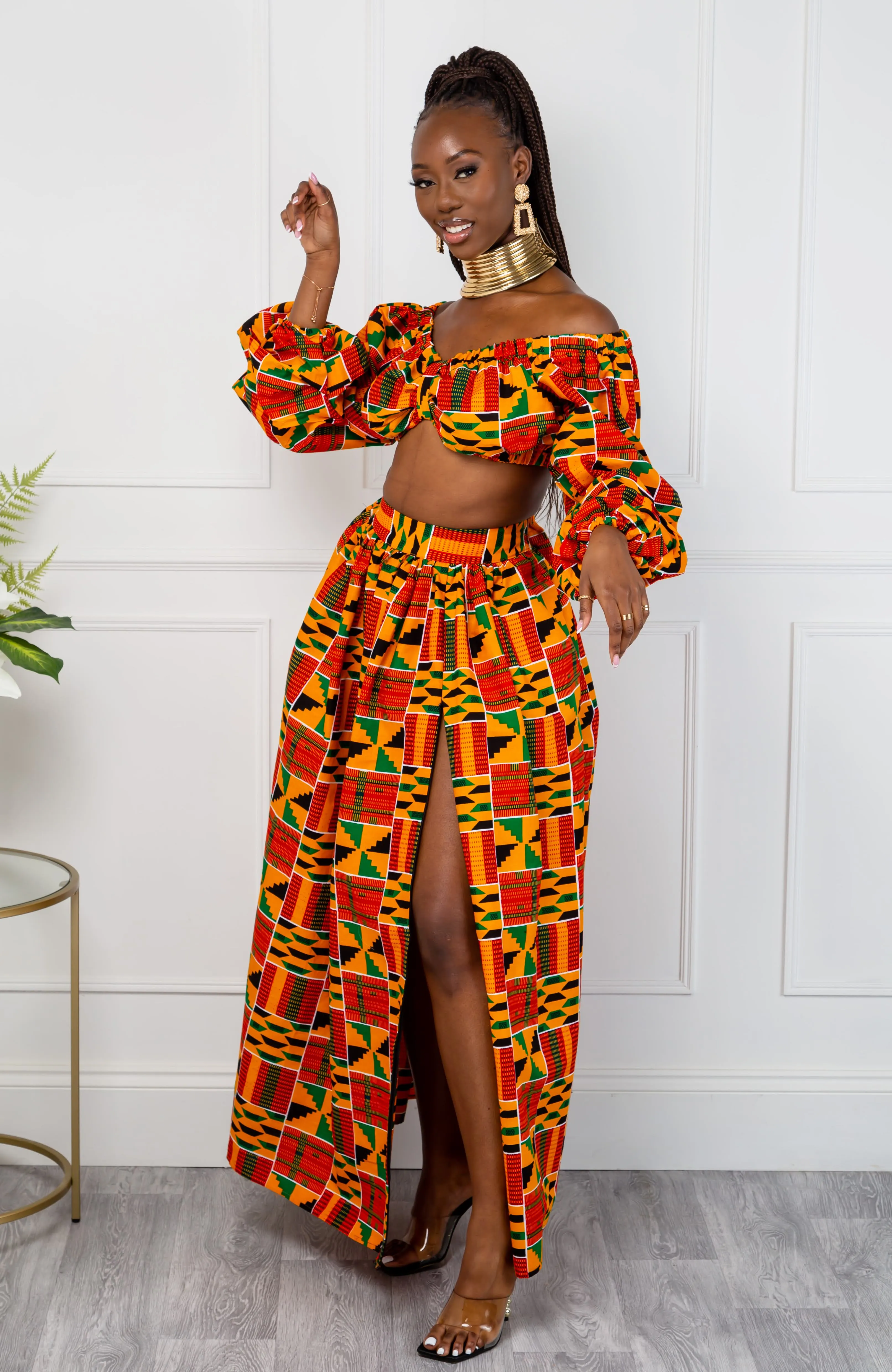 Authentic Kente African Print Maxi Skirt & Crop Top Set - KENYA