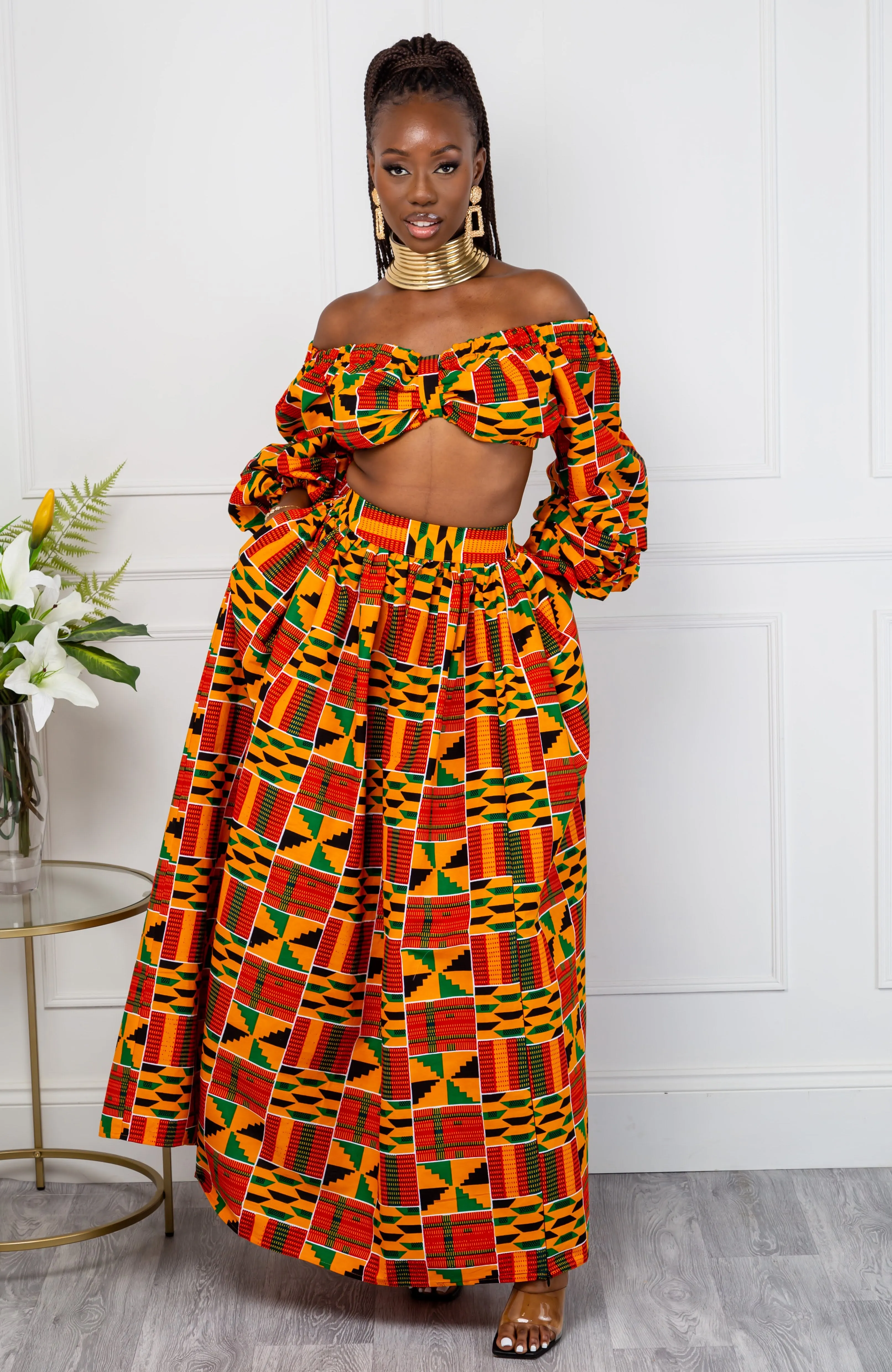 Authentic Kente African Print Maxi Skirt & Crop Top Set - KENYA