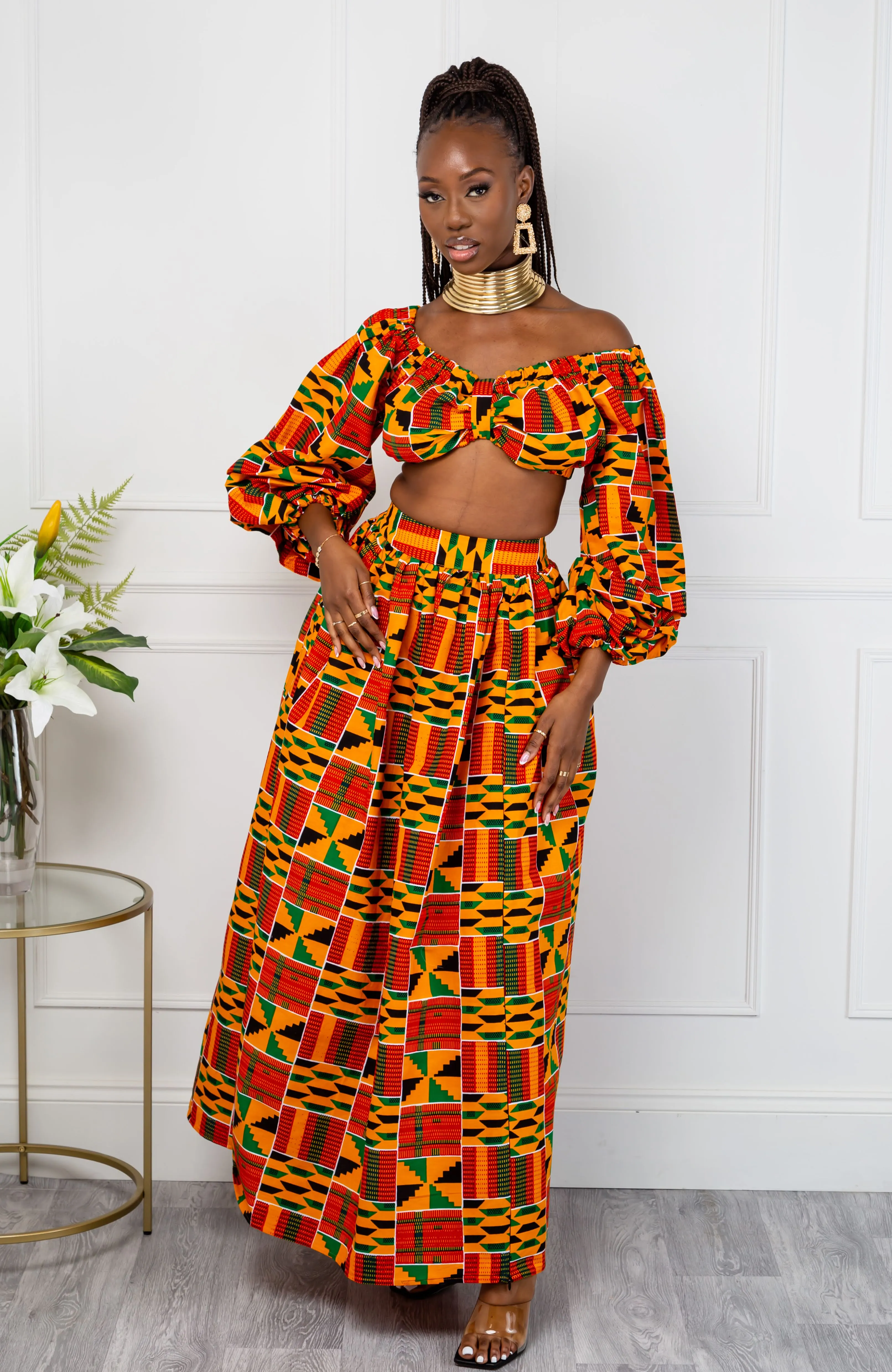 Authentic Kente African Print Maxi Skirt & Crop Top Set - KENYA