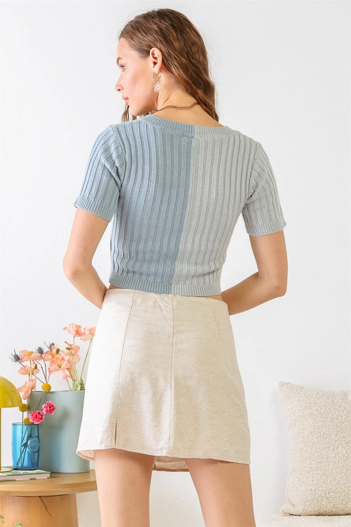 Baby Blue Multi Colorblocked Ribbed Knit Short Sleeve Crop Top /3-2-1